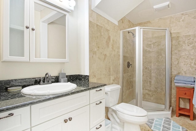 bathroom with a shower with door, vanity, and toilet