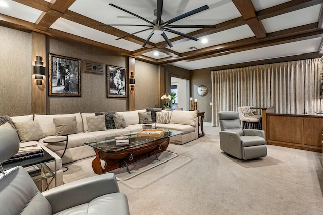 carpeted living room featuring coffered ceiling, beam ceiling, and ceiling fan