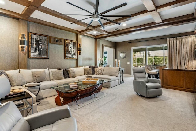 carpeted living room featuring beamed ceiling, ceiling fan, and coffered ceiling