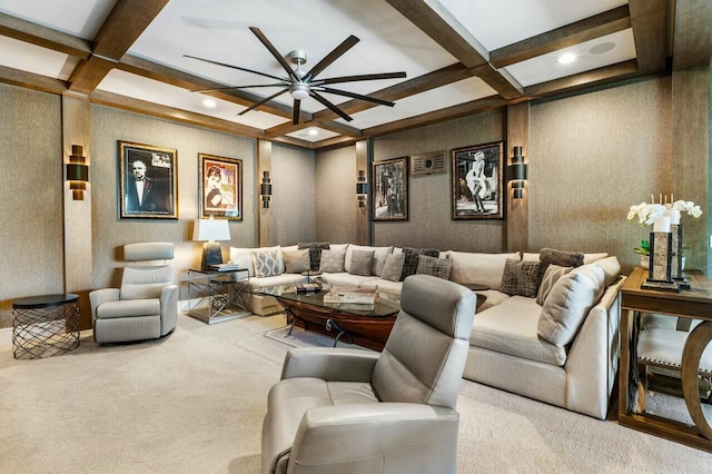 carpeted living room featuring coffered ceiling, ceiling fan, and beamed ceiling