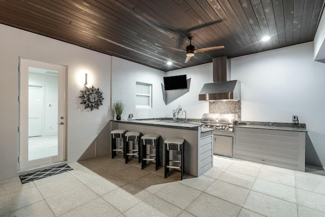 kitchen with sink, wood ceiling, a kitchen bar, kitchen peninsula, and wall chimney exhaust hood