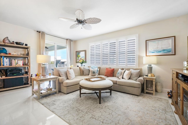 living room with ceiling fan