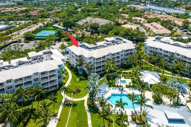 birds eye view of property featuring a water view