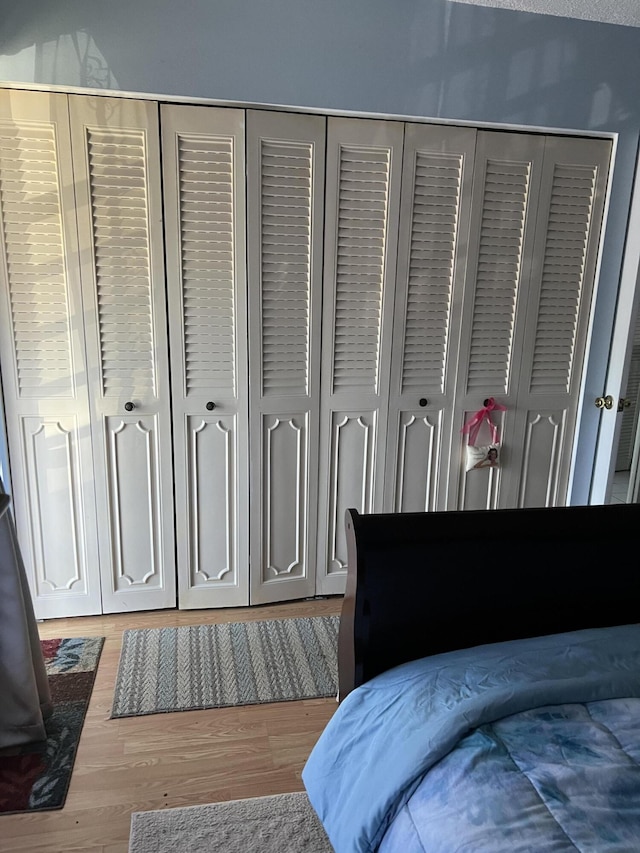 bedroom with light hardwood / wood-style floors and a closet