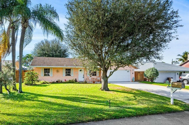 ranch-style house featuring a garage and a front lawn