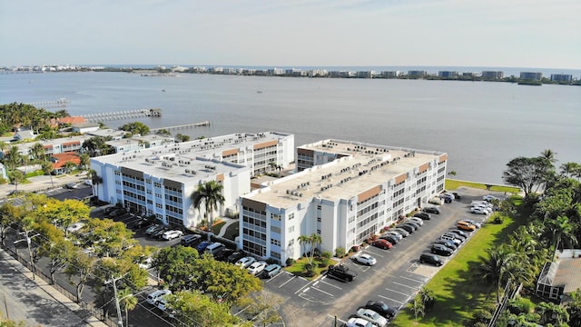 drone / aerial view with a water view