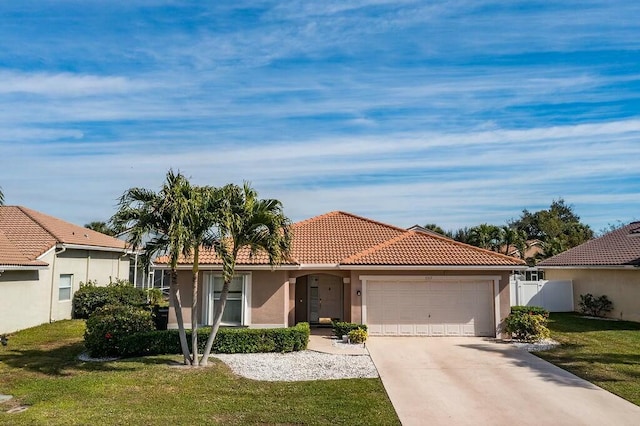 view of front of house with a garage and a front lawn