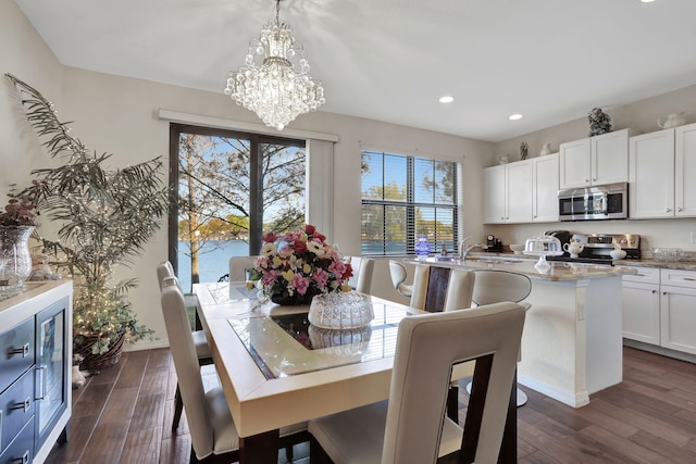 dining area featuring sink, a chandelier, and dark hardwood / wood-style flooring