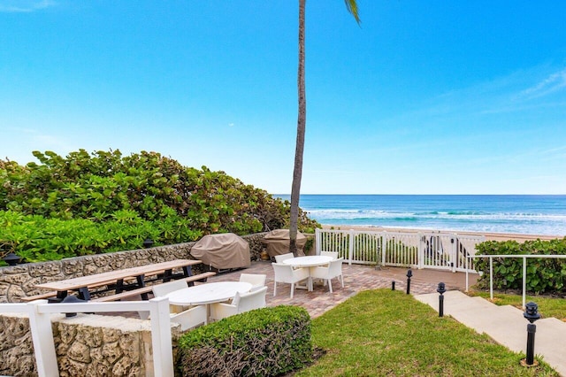 view of water feature with a beach view