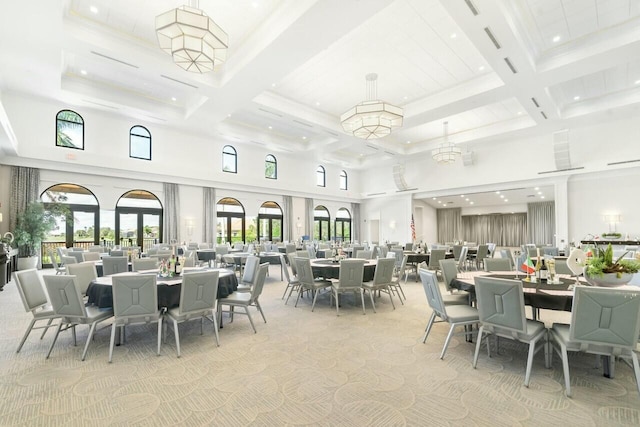 dining space with beamed ceiling, coffered ceiling, recessed lighting, a high ceiling, and carpet flooring