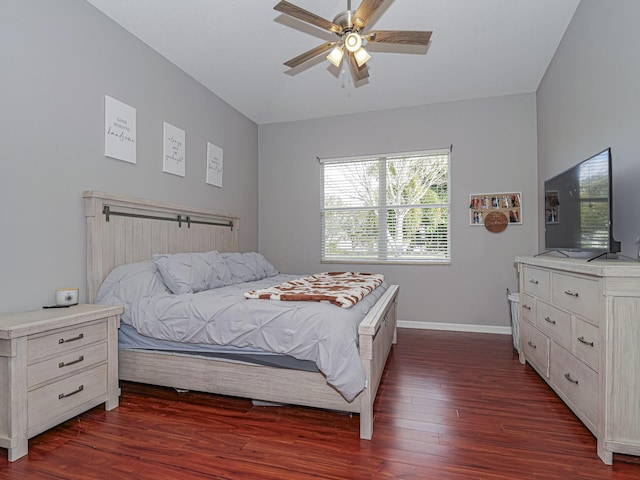 bedroom featuring dark wood-type flooring and ceiling fan