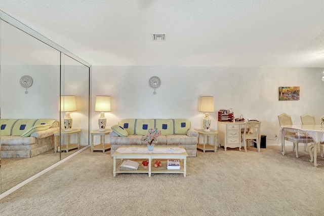 living room featuring carpet floors and a textured ceiling