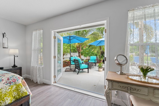 doorway featuring wood finished floors, a wealth of natural light, and baseboards