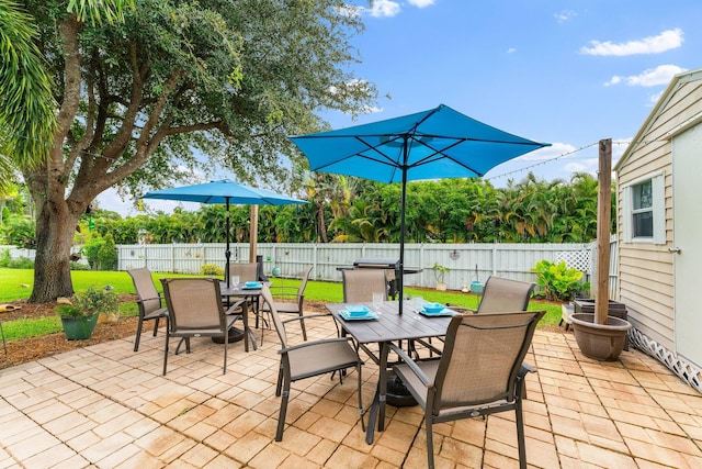 view of patio featuring outdoor dining area and a fenced backyard