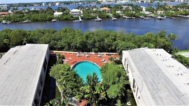 drone / aerial view featuring a water view