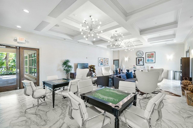 playroom featuring beamed ceiling, coffered ceiling, and a notable chandelier