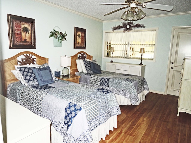 bedroom featuring dark hardwood / wood-style flooring, ceiling fan, ornamental molding, and a textured ceiling