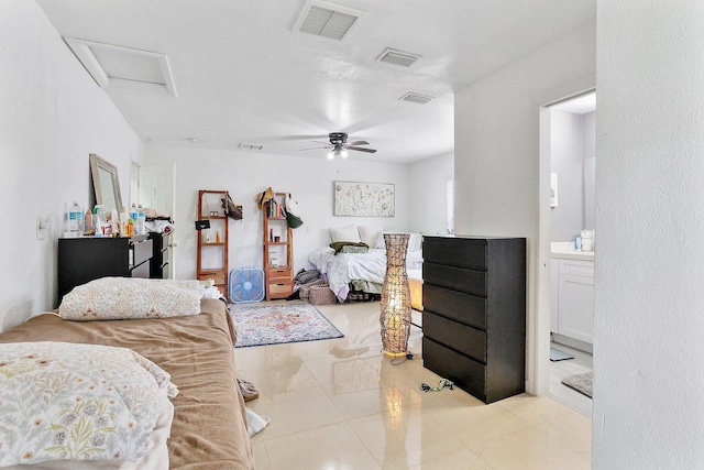 bedroom featuring light tile patterned flooring and ceiling fan