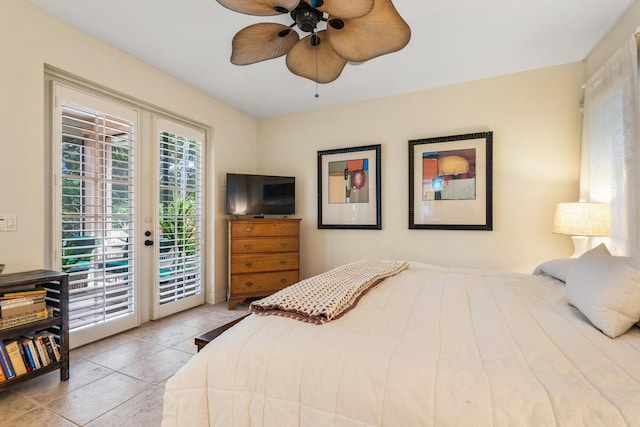 bedroom with light tile patterned floors, access to exterior, ceiling fan, and french doors