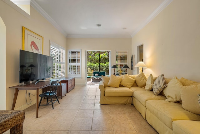 tiled living room featuring crown molding