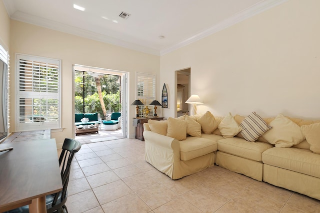 living room featuring crown molding and light tile patterned floors