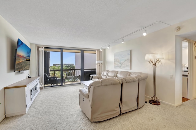 carpeted living room with a wall of windows, rail lighting, and a textured ceiling