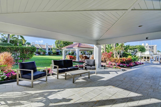 view of patio featuring a gazebo and an outdoor hangout area