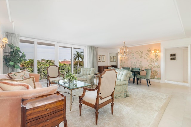 living room featuring expansive windows and a notable chandelier