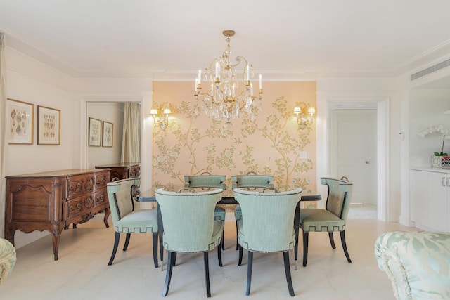 dining space with an inviting chandelier and crown molding