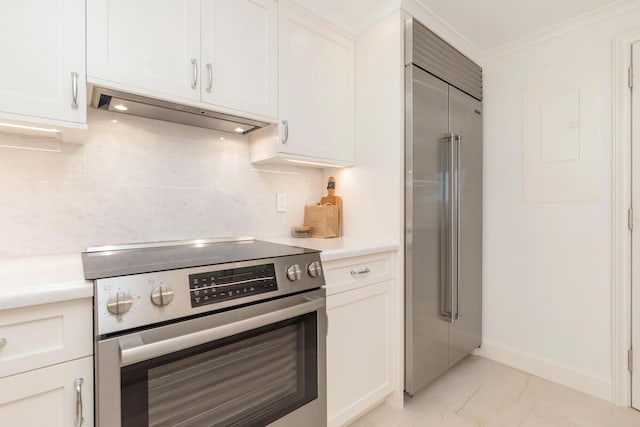 kitchen with white cabinetry, backsplash, custom exhaust hood, ornamental molding, and stainless steel appliances