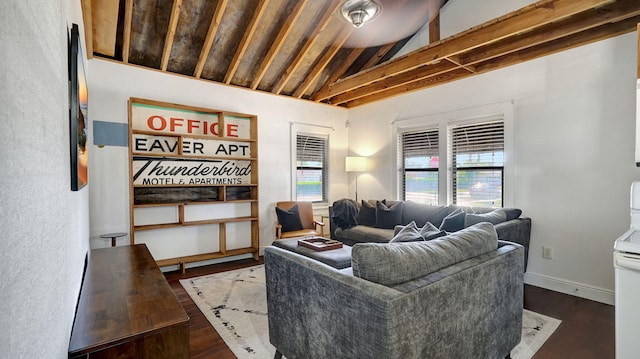 living room with vaulted ceiling and dark hardwood / wood-style floors