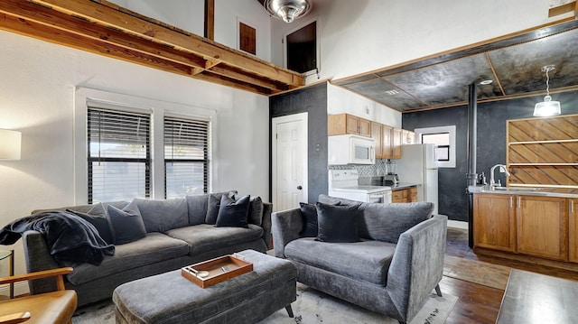 living room with a high ceiling and dark hardwood / wood-style floors