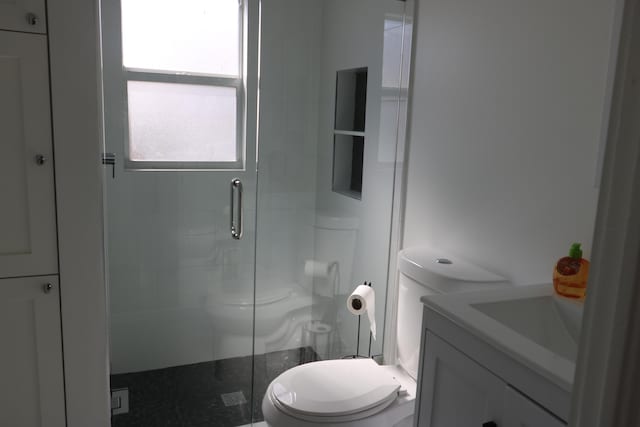 bathroom featuring vanity, toilet, and walk in shower