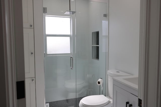 bathroom with vanity, a shower with door, and toilet