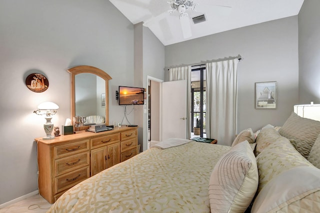 bedroom with vaulted ceiling and ceiling fan