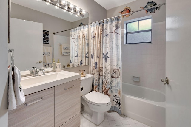 full bathroom featuring shower / tub combo with curtain, vanity, toilet, and tile patterned flooring