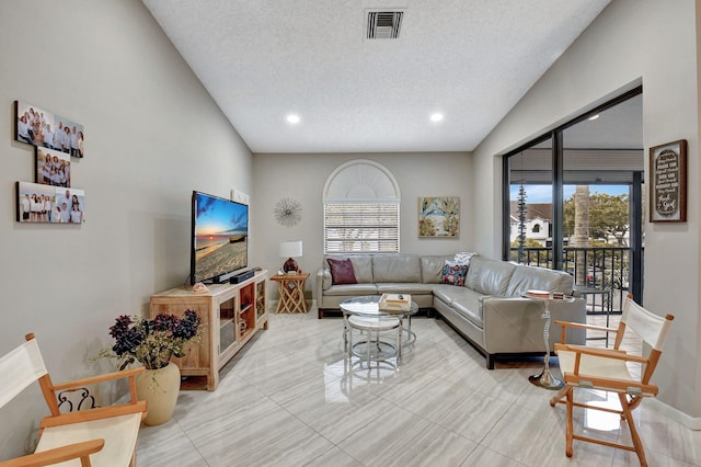 living room featuring lofted ceiling and a textured ceiling