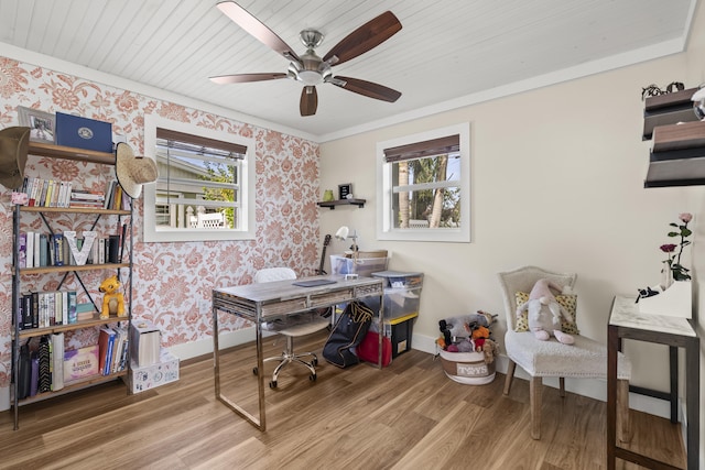 office space with ceiling fan, wood-type flooring, wooden ceiling, and a healthy amount of sunlight