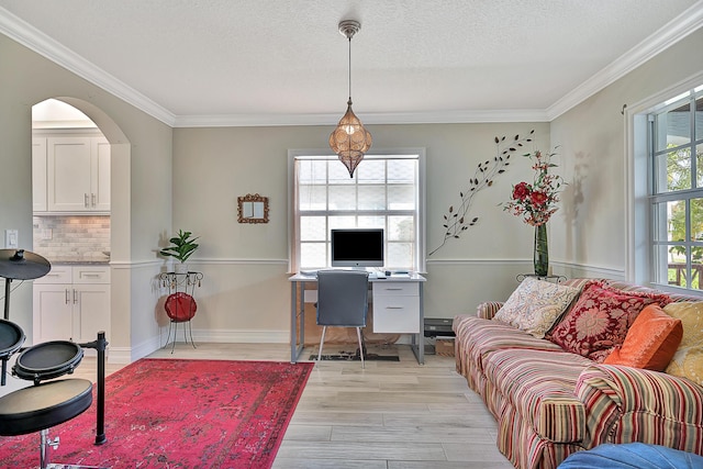 office space featuring crown molding, a textured ceiling, and light wood-type flooring