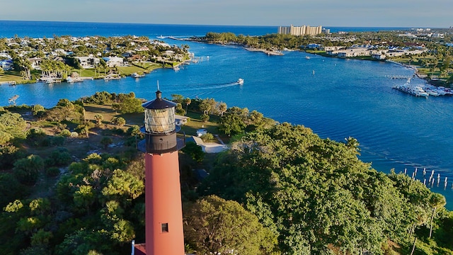 drone / aerial view featuring a water view