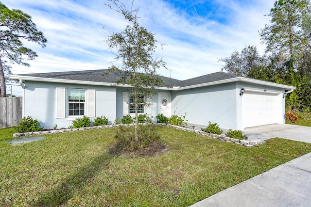 ranch-style house with a garage and a front lawn