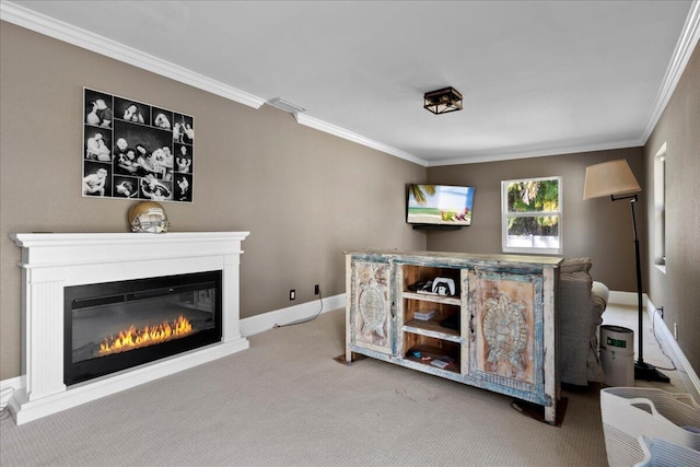 living room with ornamental molding and light carpet