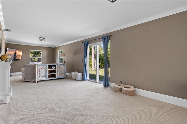 interior space with ornamental molding and carpet flooring