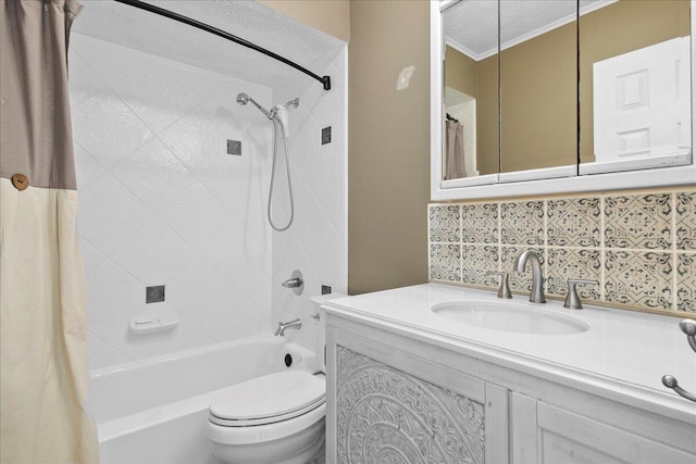 full bathroom featuring shower / bathtub combination with curtain, crown molding, vanity, a textured ceiling, and toilet