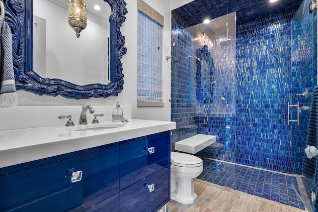 bathroom with recessed lighting, visible vents, toilet, ornamental molding, and vanity