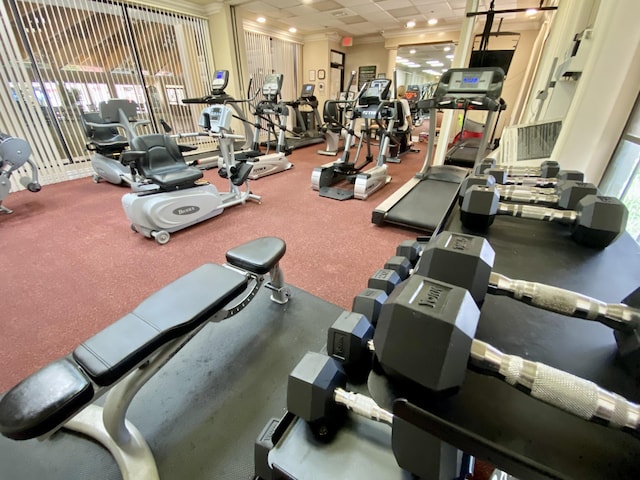 workout area with ornamental molding