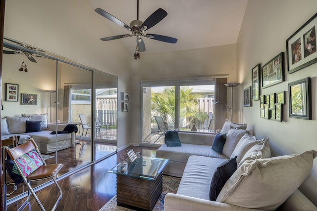 6938 Touchstone Cir, Palm Beach Gardens, FL 33418 - living room featuring hardwood / wood-style floors, a ceiling fan, high vaulted ceiling, and baseboards