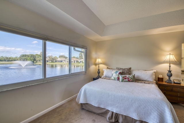 carpeted bedroom featuring a water view