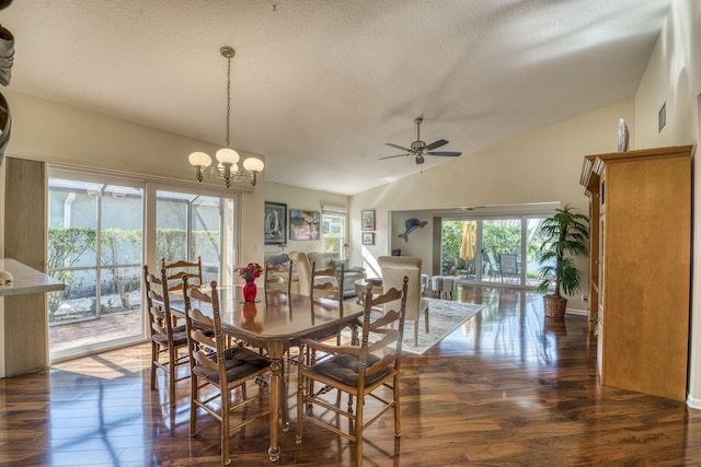 dining area featuring lofted ceiling, a healthy amount of sunlight, dark hardwood / wood-style flooring, and a textured ceiling