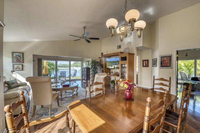 living room with ceiling fan, lofted ceiling, dark hardwood / wood-style flooring, and a textured ceiling